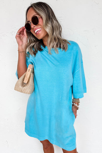 Light Blue Drop Shoulder Loose Casual T Shirt Mini Dress