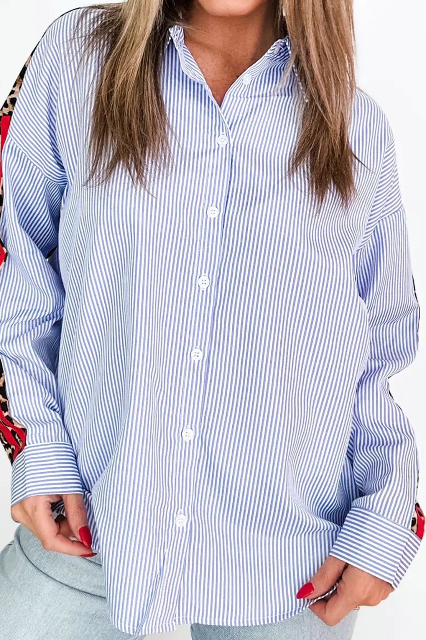 Sky Blue Stripe Contrasted Varsity Stripe Leopard Patchwork Button Down Shirt