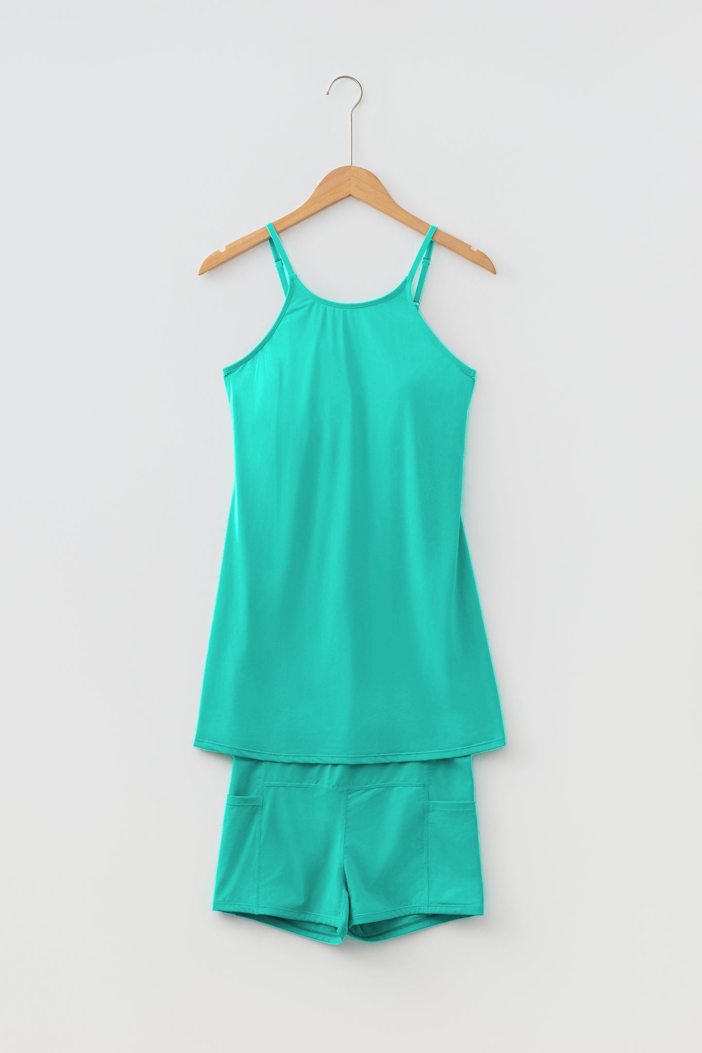 Bright Pink Solid Color Tunic Tank Dress Athletic Shorts Two Piece Set