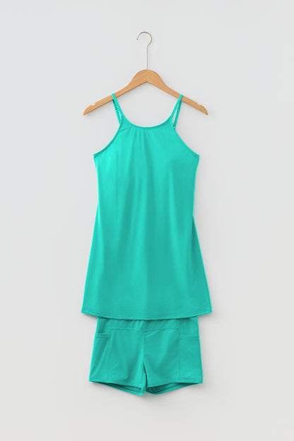 Bright Pink Solid Color Tunic Tank Dress Athletic Shorts Two Piece Set