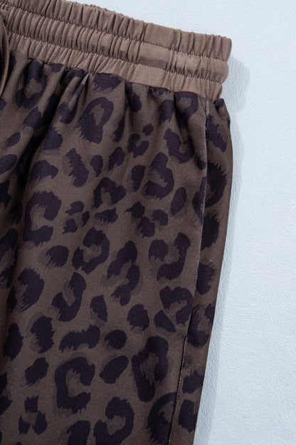 Brown V Neck Collar Leopard Printed 2pcs Short Set