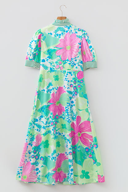 Green Stripe Floral Print Striped Trim Button Down Short Sleeve Vacation Dress