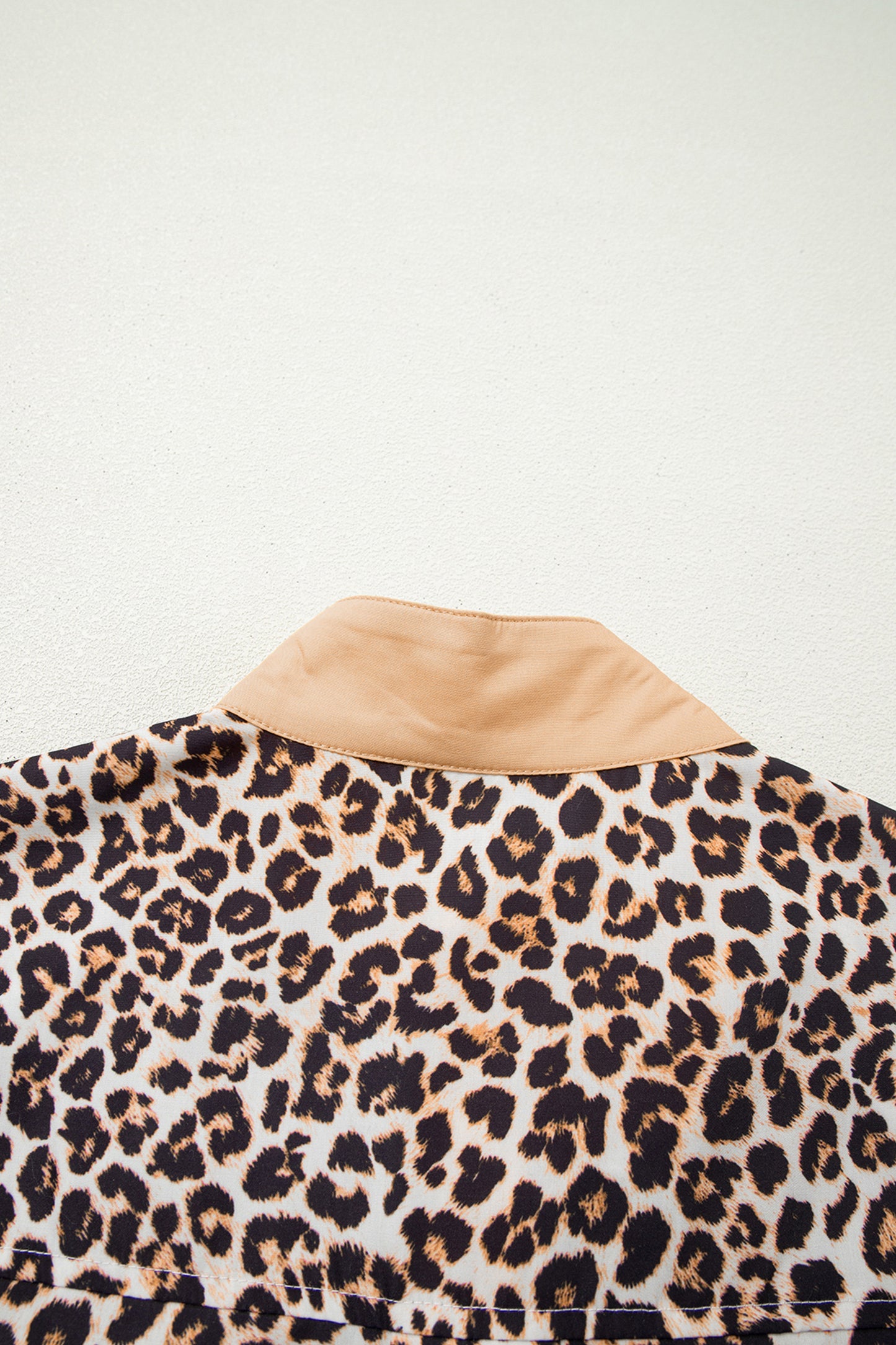 Khaki Button Striped Collar Leopard Print Long Sleeve Flared Dress