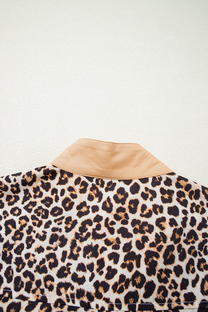 Khaki Button Striped Collar Leopard Print Long Sleeve Flared Dress