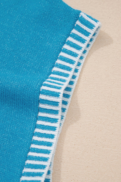Blue Contrast Stitch Trim Knot Side Mock Neck Sweater Vest