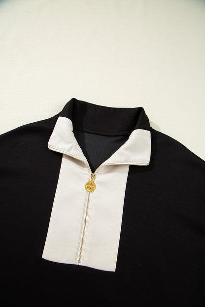 Black Contrast Zipped Stand Collared T Shirt and Short Set
