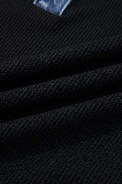 Black Waffle Knit Denim Contrast Trim Patchwork Button Polo Collar Top