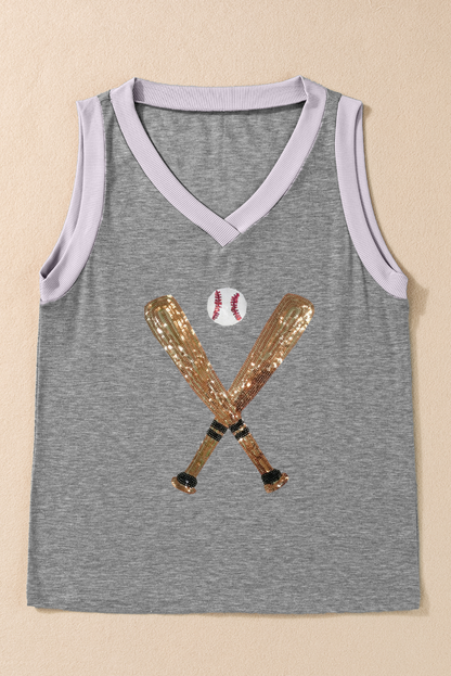 Gray Sequined Baseball Bat Graphic Ribbed Trim Casual Tank Top