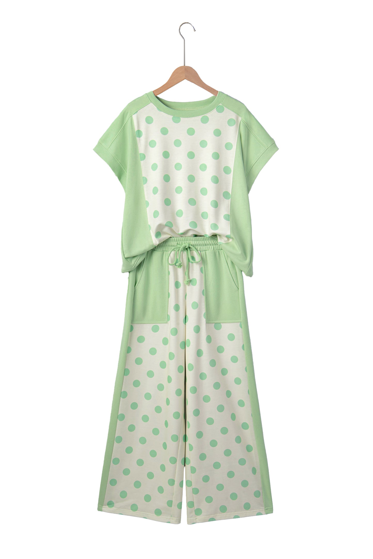 Sky Blue Color Block Patchwork Polka Dot Wide Leg Pant Set