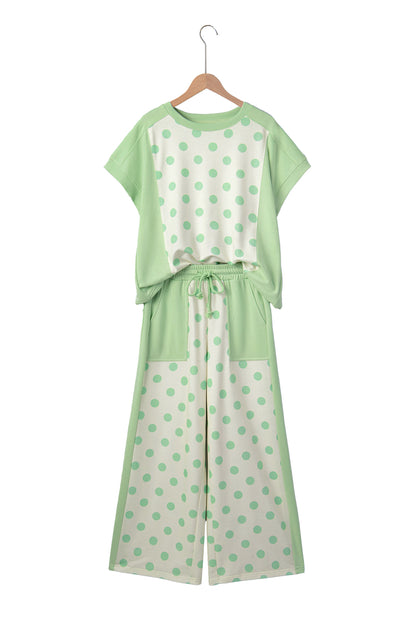 Sky Blue Color Block Patchwork Polka Dot Wide Leg Pant Set