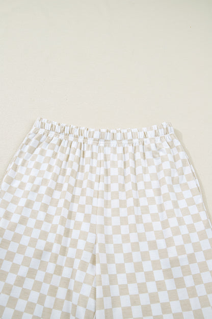 Khaki Checkered Print Half Sleeve Tee 2pcs Lounge Pant Set
