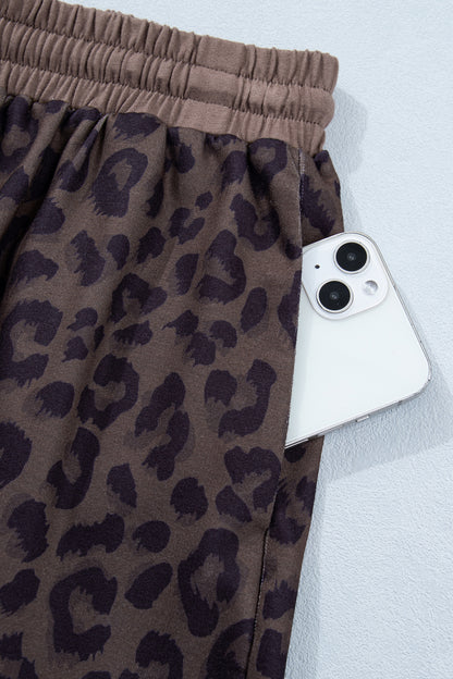 Brown V Neck Collar Leopard Printed 2pcs Short Set