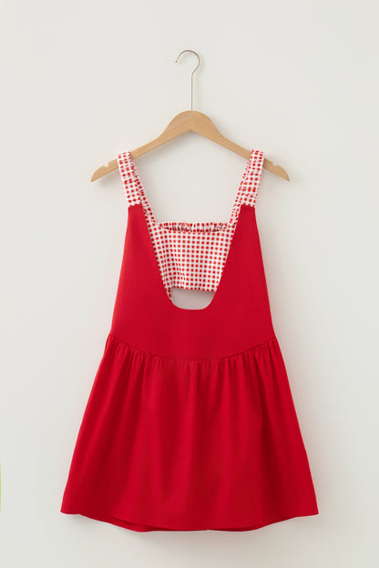 Racing Red Faux Two Piece Gingham Contrast Patchwork Loose Mini Dress