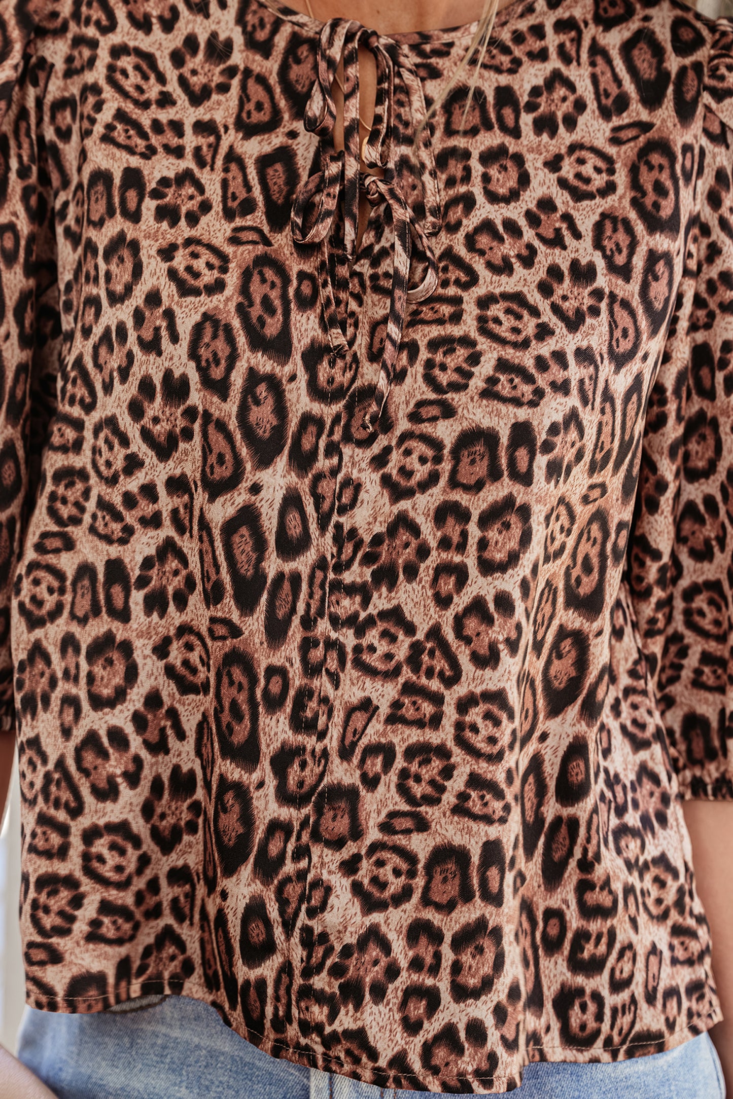 Brown Leopard Bow Tie Puff Sleeve Blouse