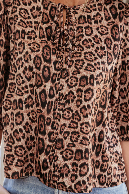 Brown Leopard Bow Tie Puff Sleeve Blouse