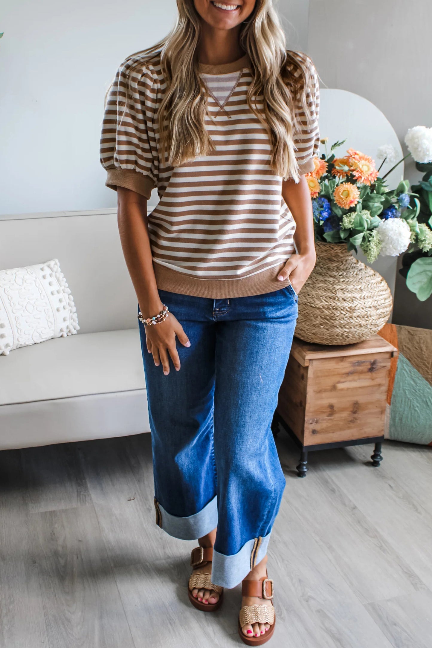 Orange Stripe Short Bubble Sleeve T Shirt