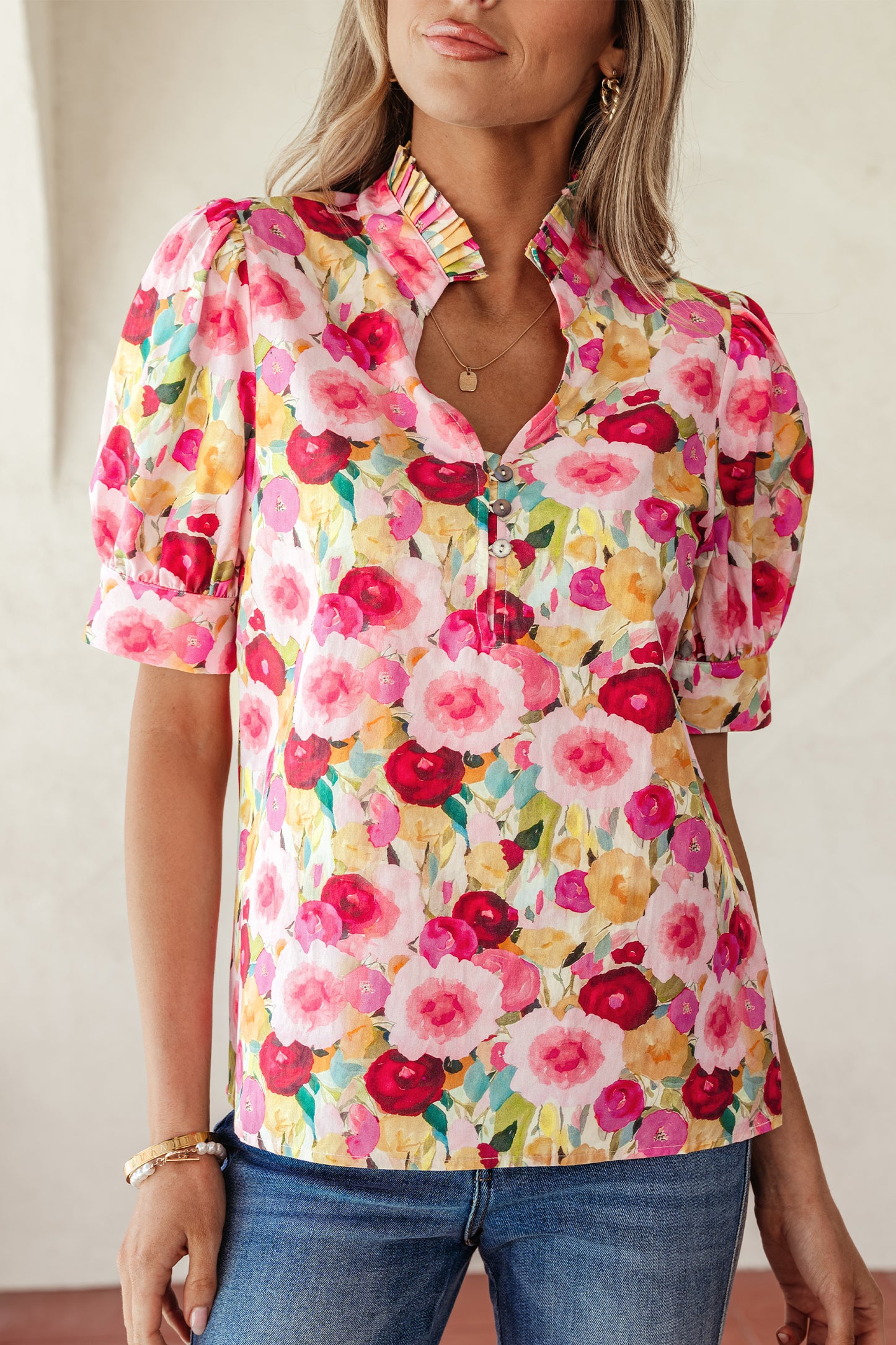 Pink Floral Frilled V Neck Puff Short Sleeve Blouse