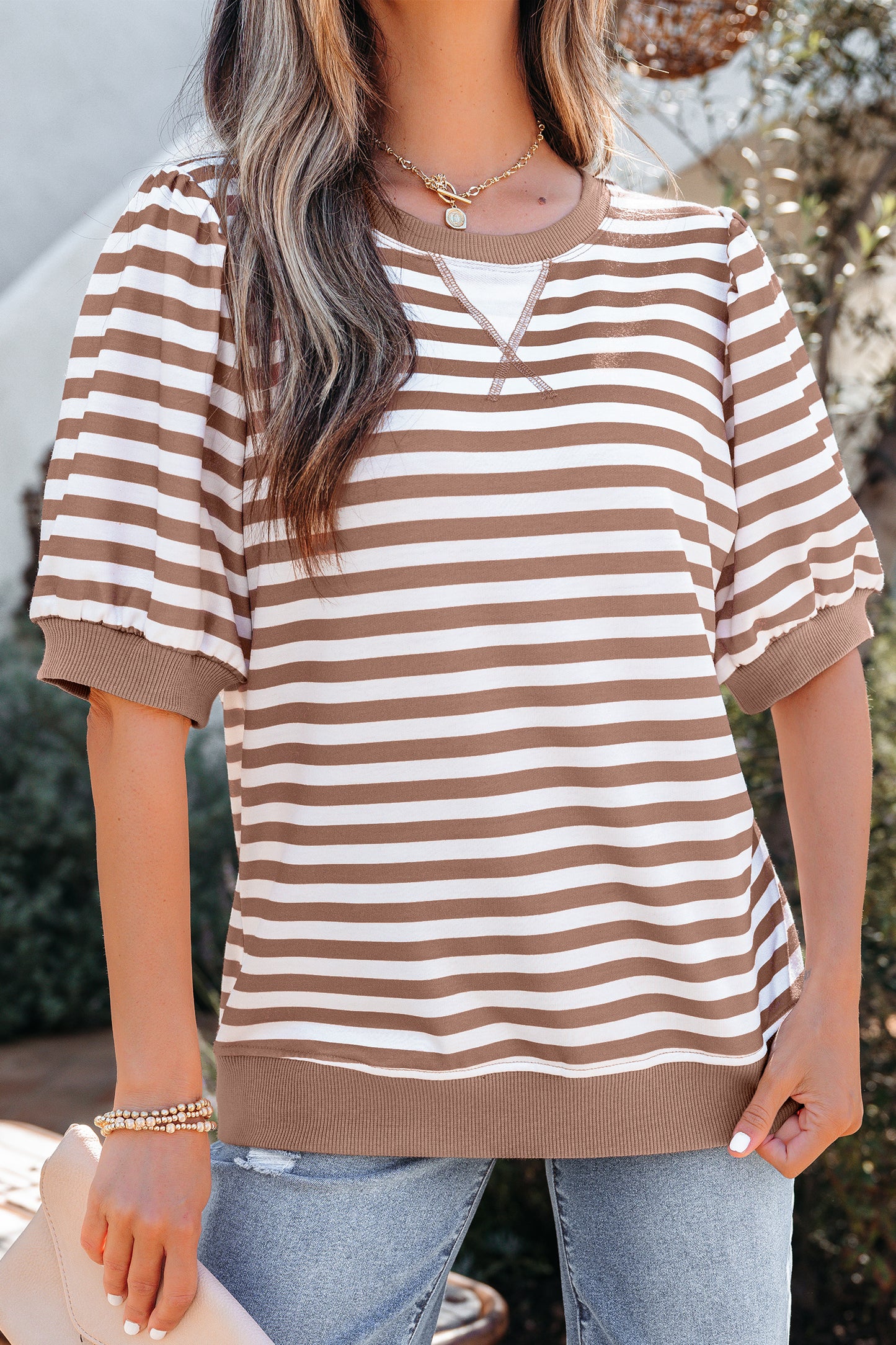 Orange Stripe Short Bubble Sleeve T Shirt