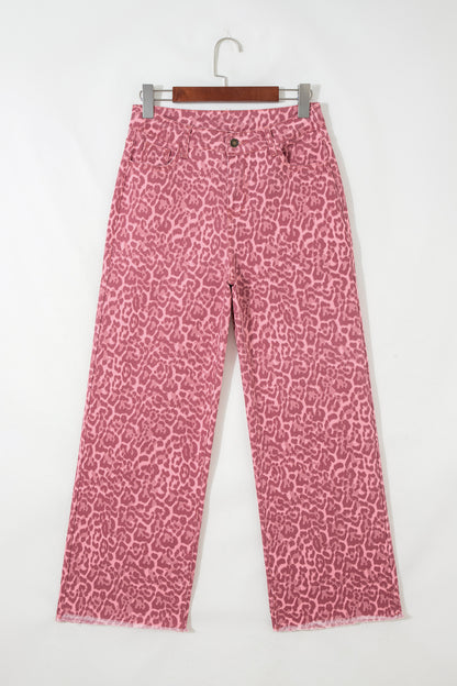 Rose Leopard Frayed Edge Wide Leg High Waist Jeans