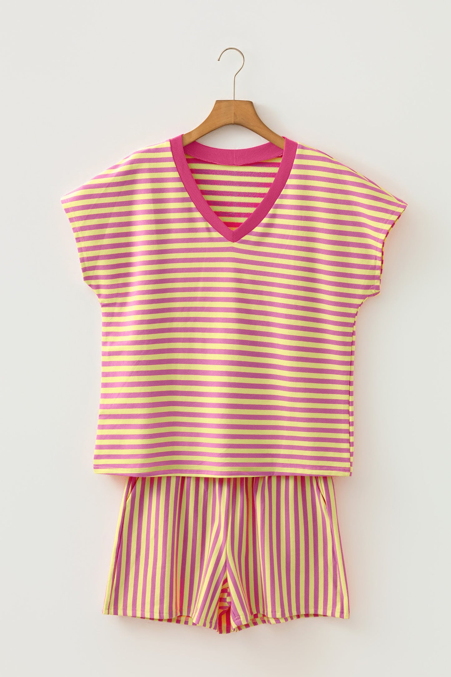 Red Stripe Colorblock Trim V Neck Tee Drawstring Elastic Waist Short Set
