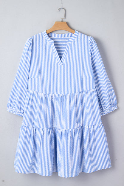 Sky Blue Stripe Seersucker Textured Notched Neck Long Puff Sleeve Tiered Curvy Dress