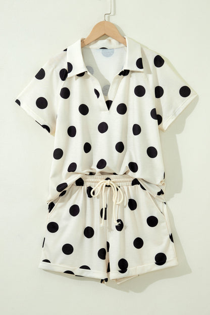 Pink Polka Dot Print V Neck Tee Short Set