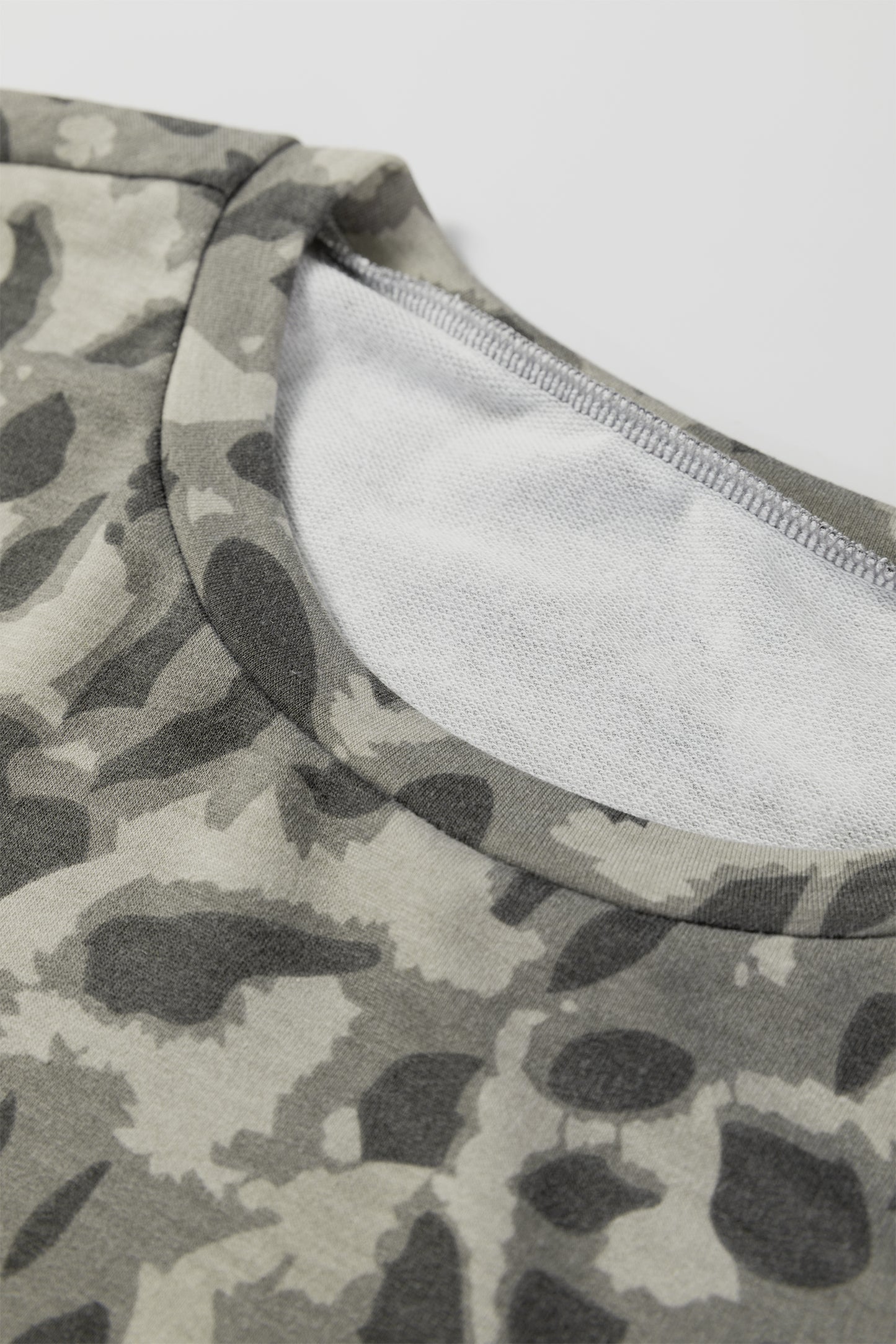 Gray Leopard Print Raw Seam Patchwork Pullover Drawstring Loose Pant Set