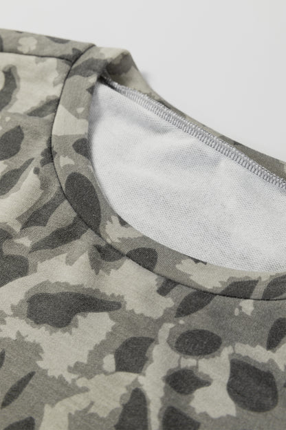 Gray Leopard Print Raw Seam Patchwork Pullover Drawstring Loose Pant Set