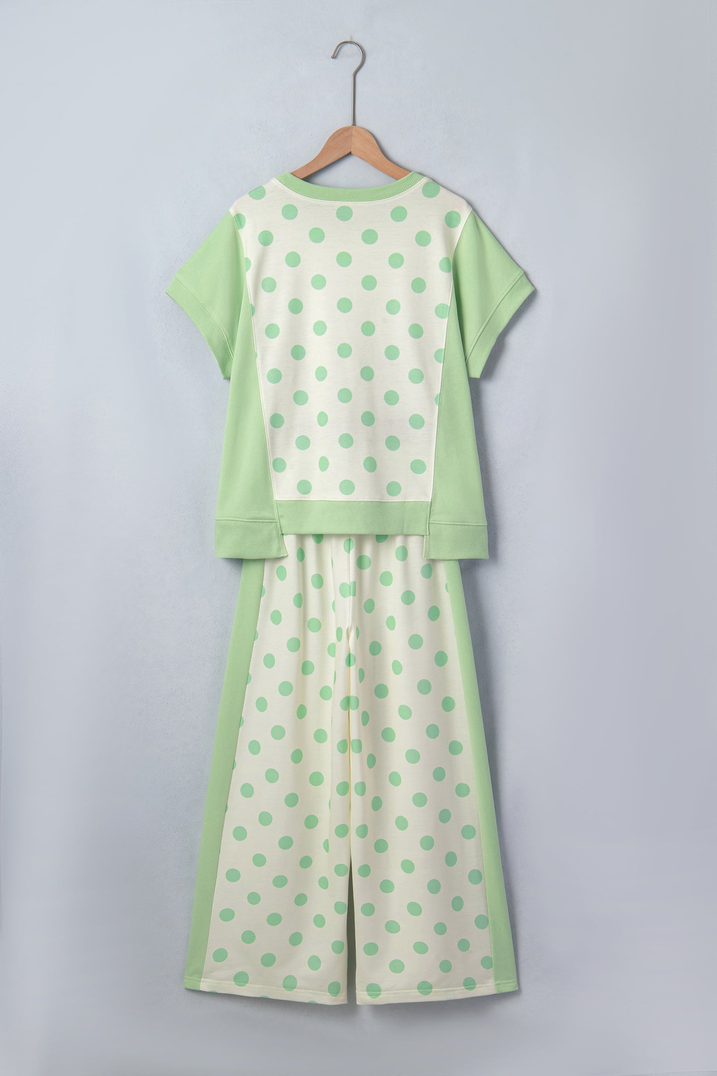Sky Blue Color Block Patchwork Polka Dot Wide Leg Pant Set