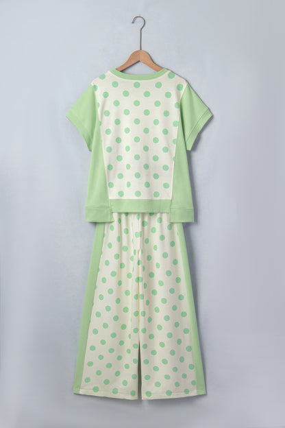 Sky Blue Color Block Patchwork Polka Dot Wide Leg Pant Set