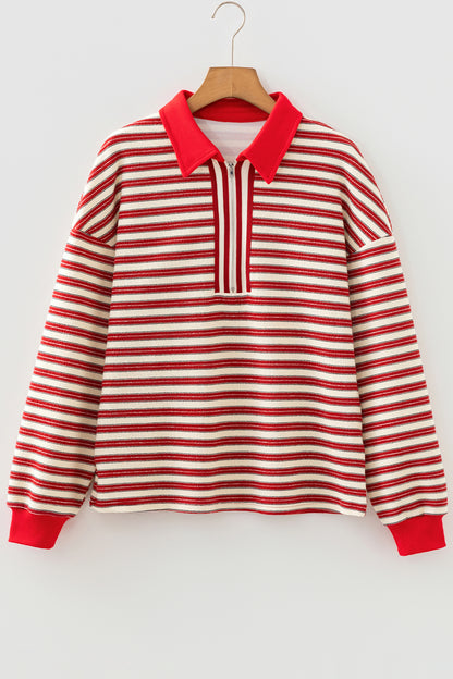 Racing Red Striped Print Contrast Collar Zip V Neck Long Sleeve Top