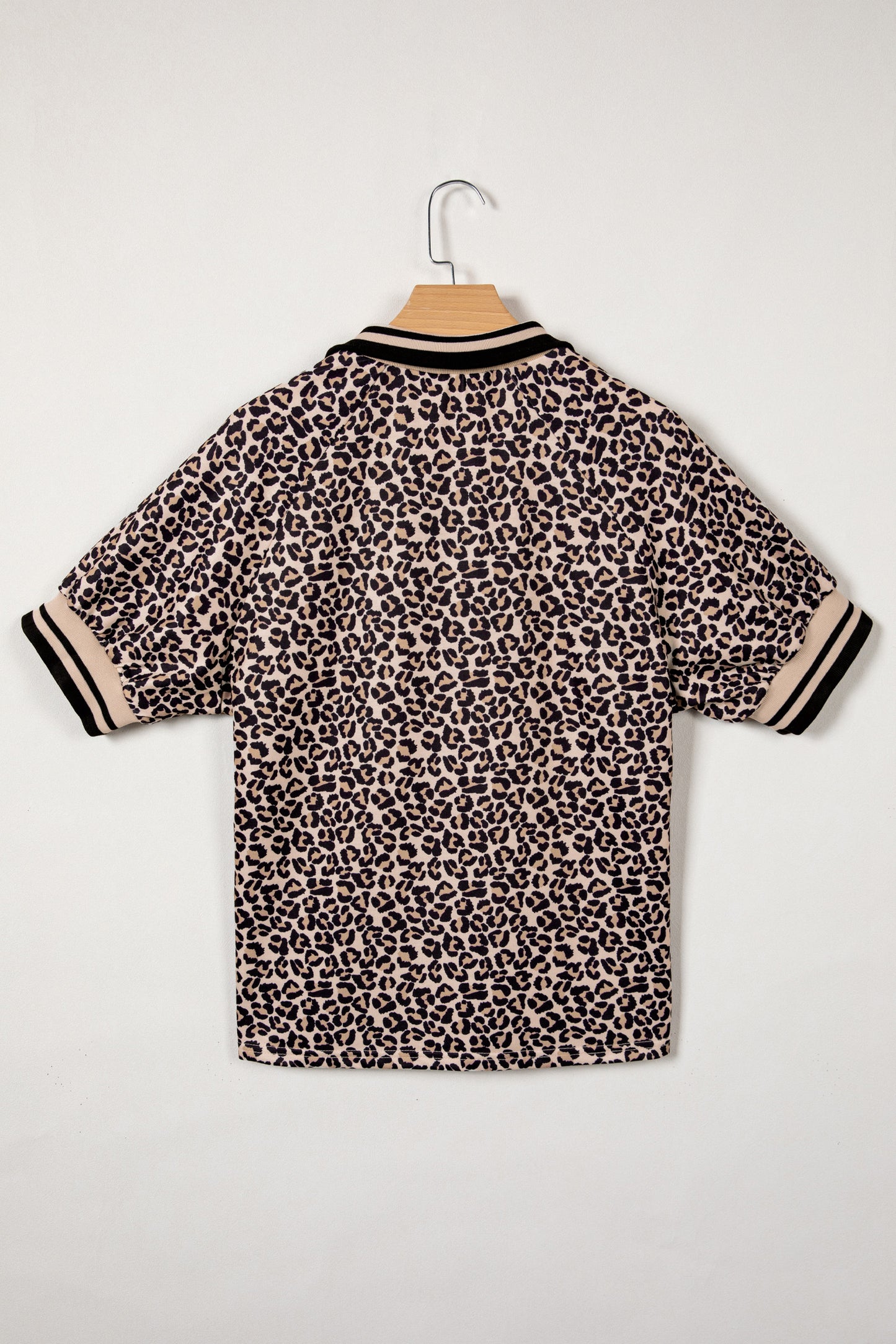 Brown Leopard Print Half Zip Striped Trim Patchwork Short Sleeve Top