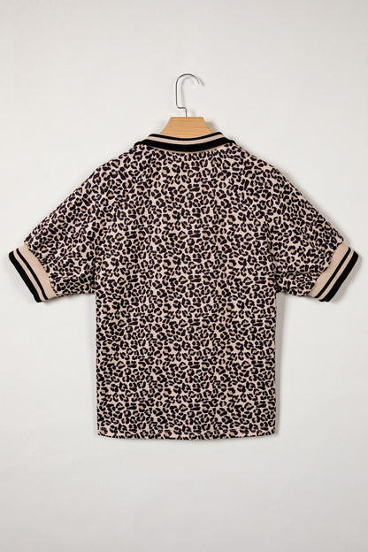 Brown Leopard Print Half Zip Striped Trim Patchwork Short Sleeve Top