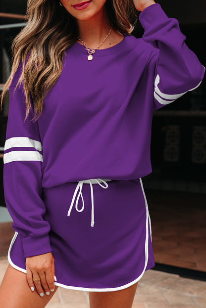 Tillandsia Purple Varsity Stripe Detail Drop Shoulder Pullover Mini Skort Set