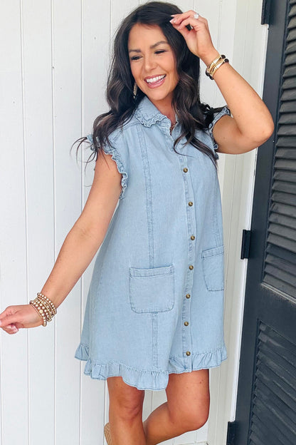 Beau Blue Ruffled Edge Collared Shift Denim Dress with Pockets
