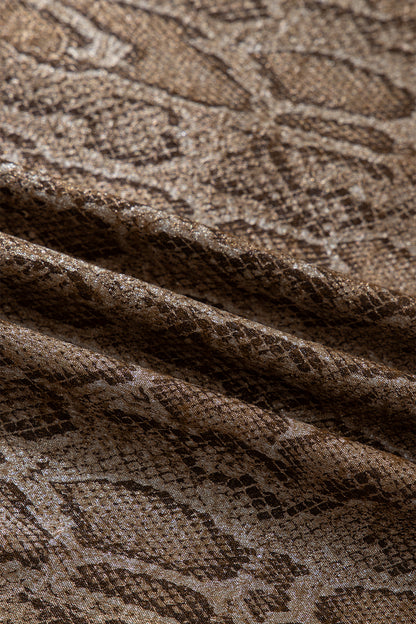Brown Polo Collared V Neck Short Sleeve Metallic Leopard Blouse