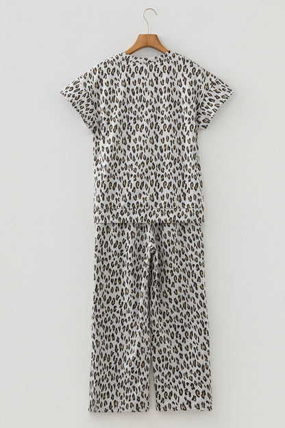 Beige Leopard Print Casual Tee and Pants 2pcs Outfit