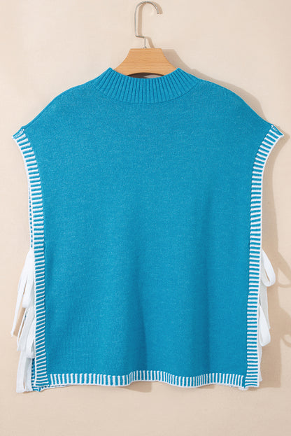 Blue Contrast Stitch Trim Knot Side Mock Neck Sweater Vest