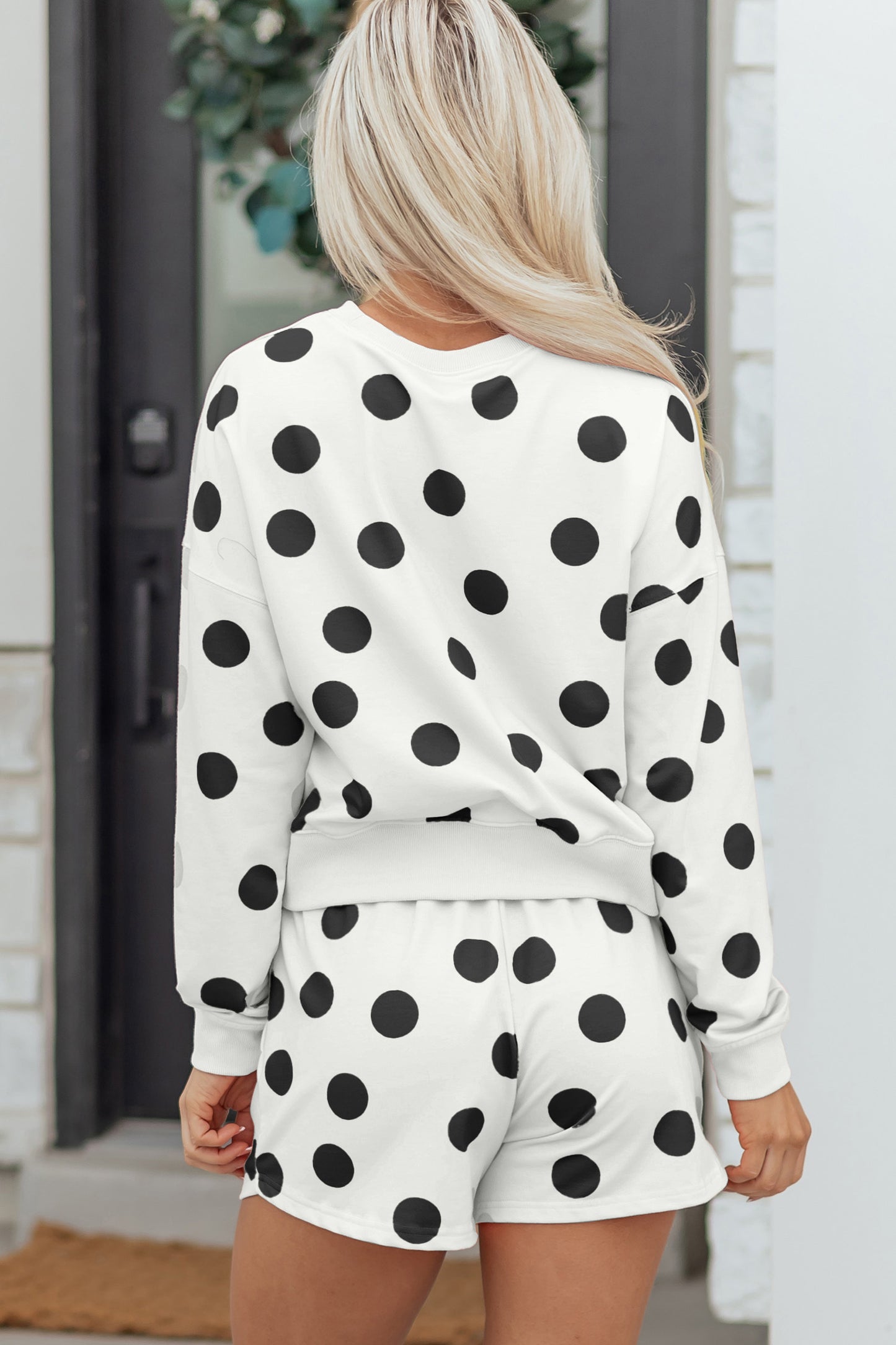 Beige Polka Dot Print Drop Shoulder Pullover Drawstring Shorts Set