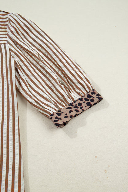 Brown Stripe Leopard Trim V Neck Button Down Half Sleeve Shirt