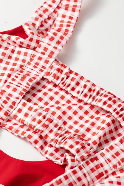 Racing Red Faux Two Piece Gingham Contrast Patchwork Loose Mini Dress