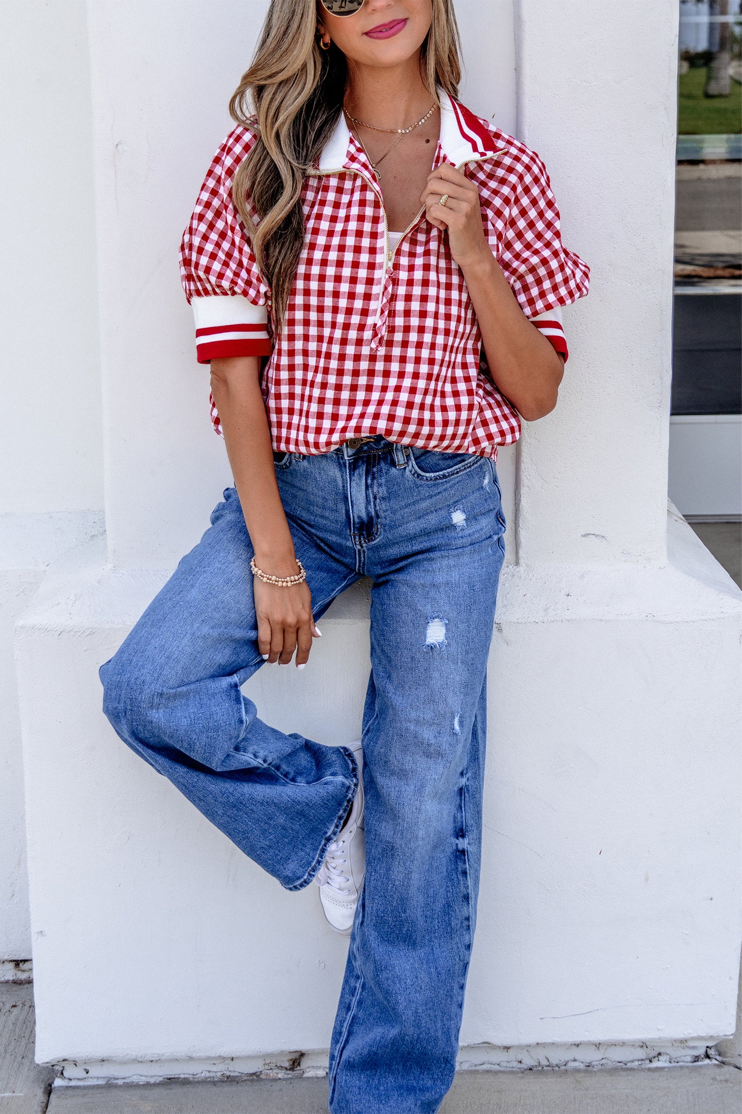 Red Gingham Striped Patchwork Half Zip Blouse