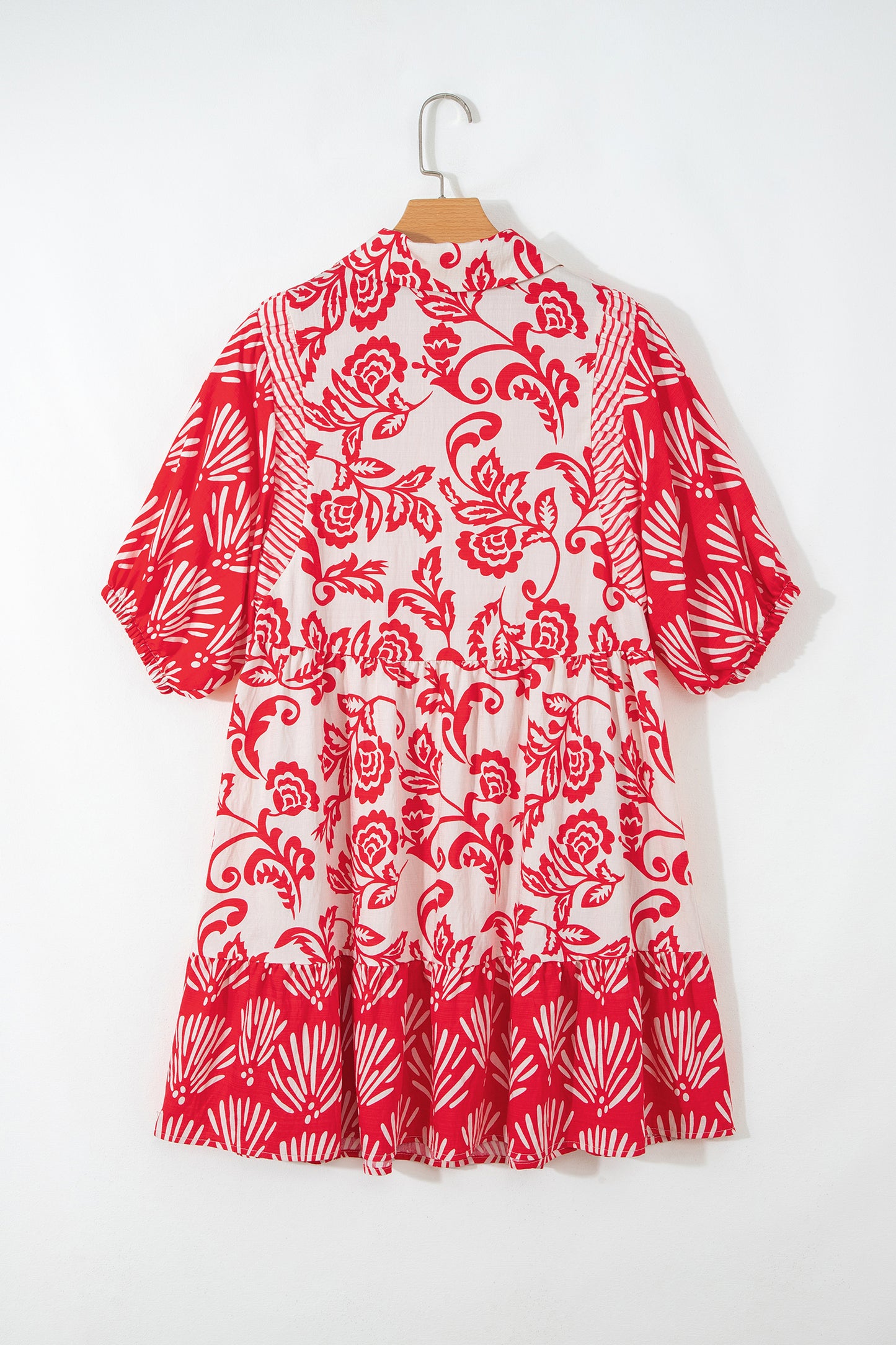 Red Collared V Neck Half Sleeve Loose Flower Mini Dress