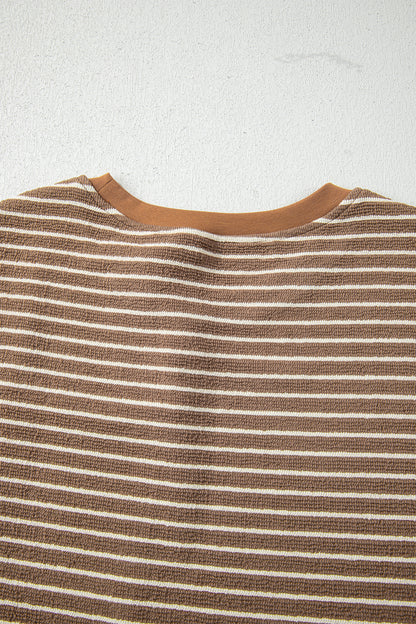 Khaki Stripe Crew Neck Tee Drawstring Waist Cropped Pants Set