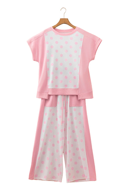Sky Blue Color Block Patchwork Polka Dot Wide Leg Pant Set