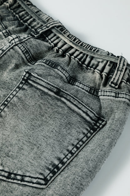 Gray Acid Wash Barrel Fit Denim Pants with Waist String