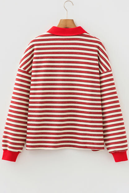 Racing Red Striped Print Contrast Collar Zip V Neck Long Sleeve Top