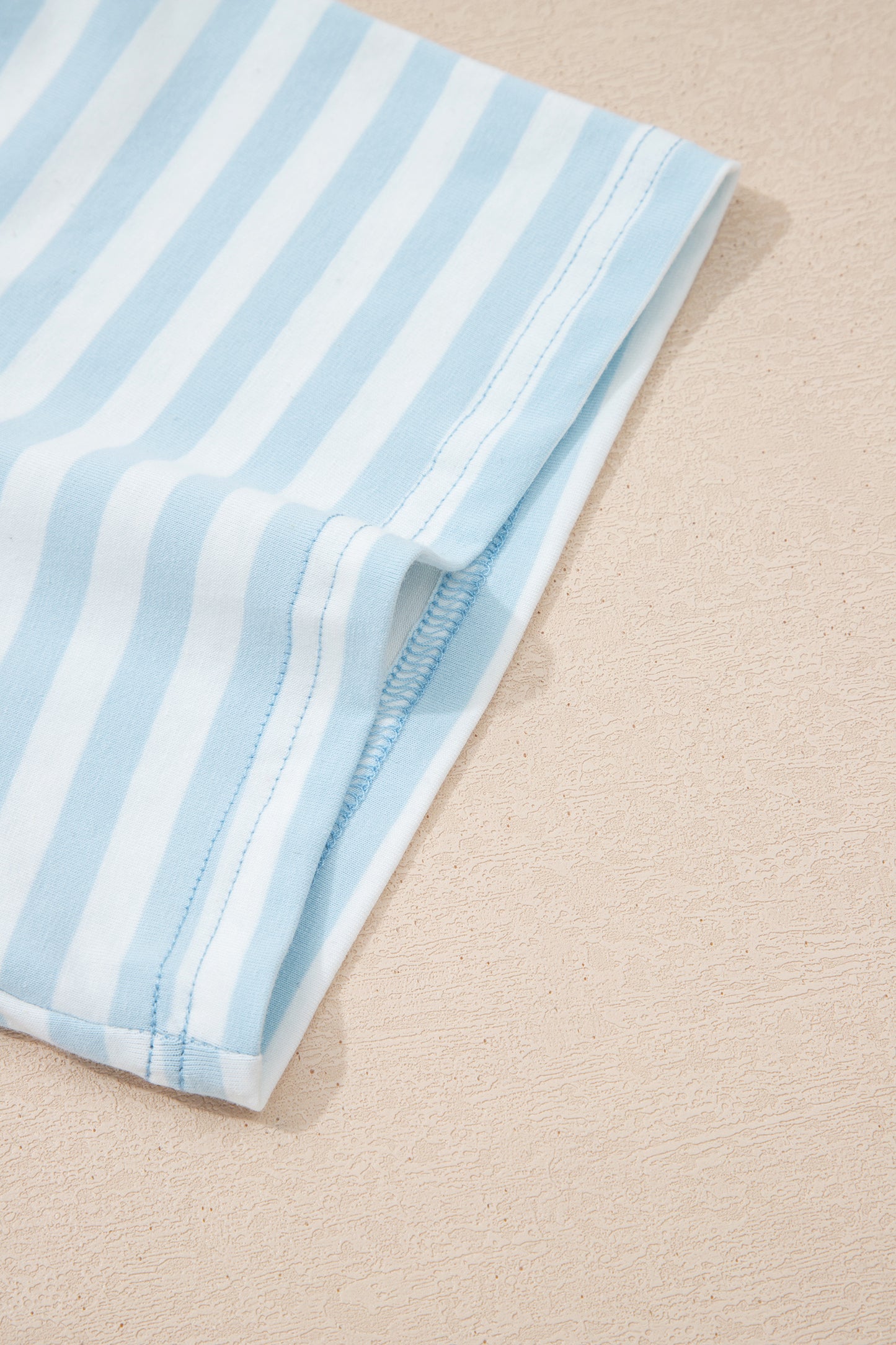 Sky Blue Stripe Contrast Neck Loose Tee and Drawstring Shorts Set