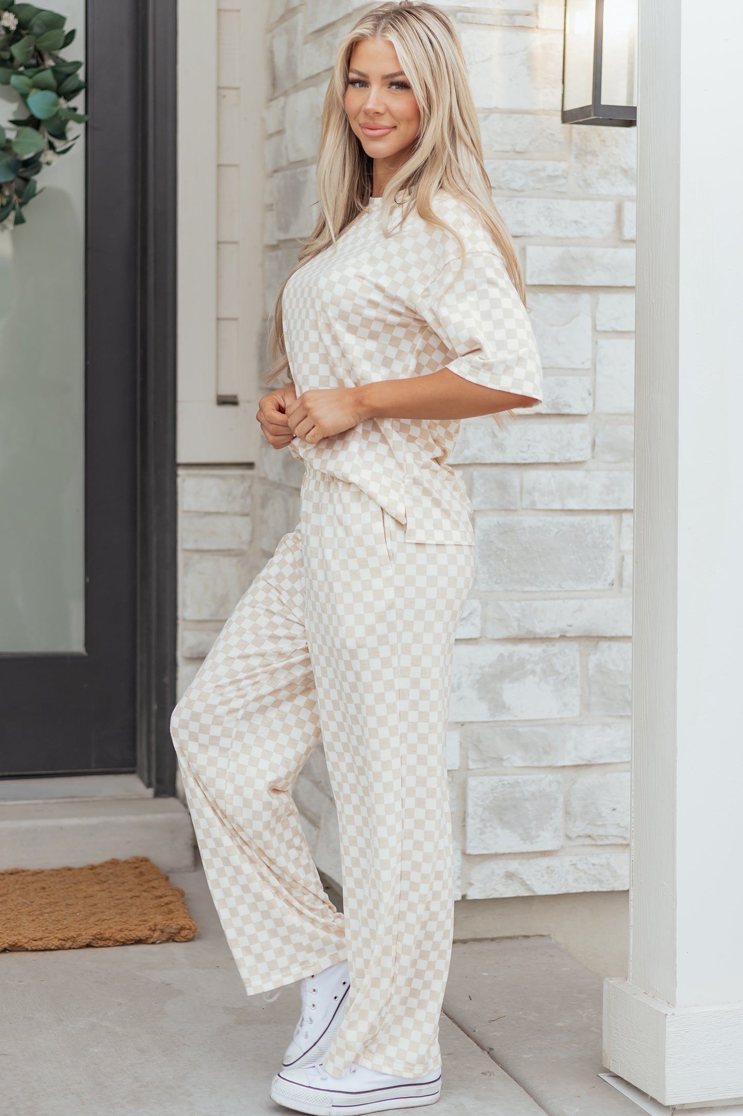 Khaki Checkered Print Half Sleeve Tee 2pcs Lounge Pant Set