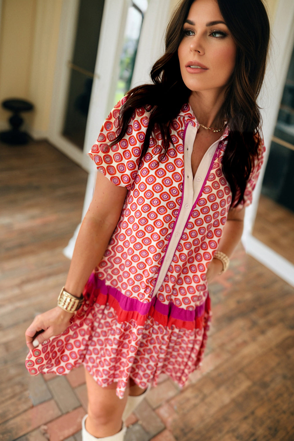 Orange Geometric Floral Print Color Block Trim Button Front Ruffle Hem Dress